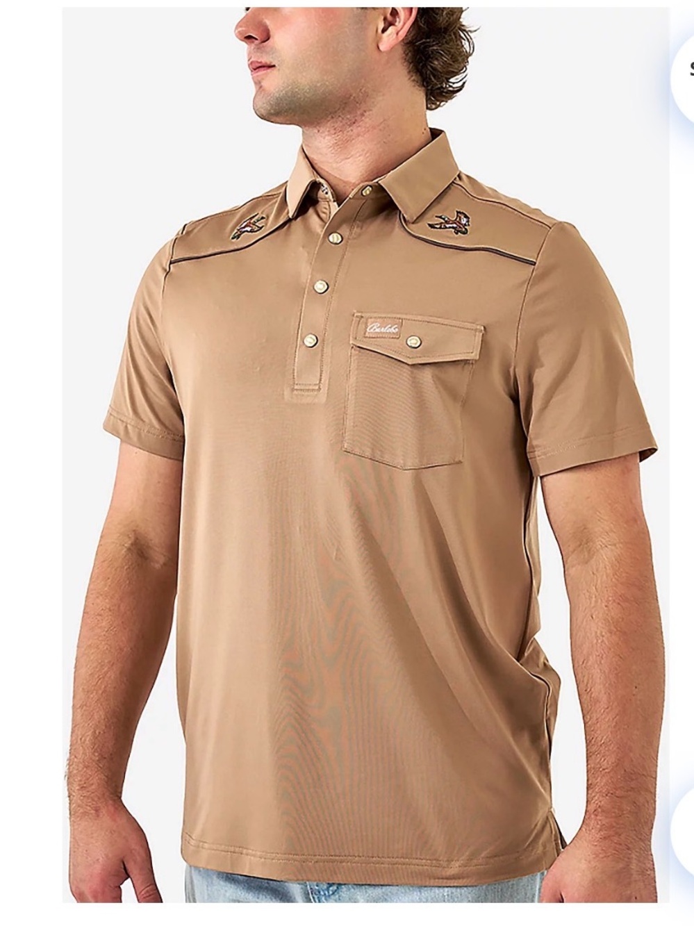 BURLEBO Men's Pearl Snap Short Sleeve Polo in Tan with Chest Pocket